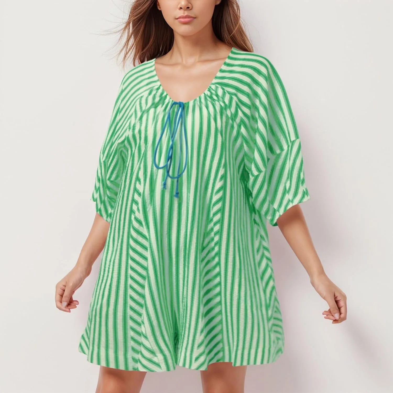 Floral Jumpsuits for Women Summer Rompers Striped Puff Sleeve Mini Shorts Romper Dress V Neck Jumpsuit Front Tie Beach Outfit