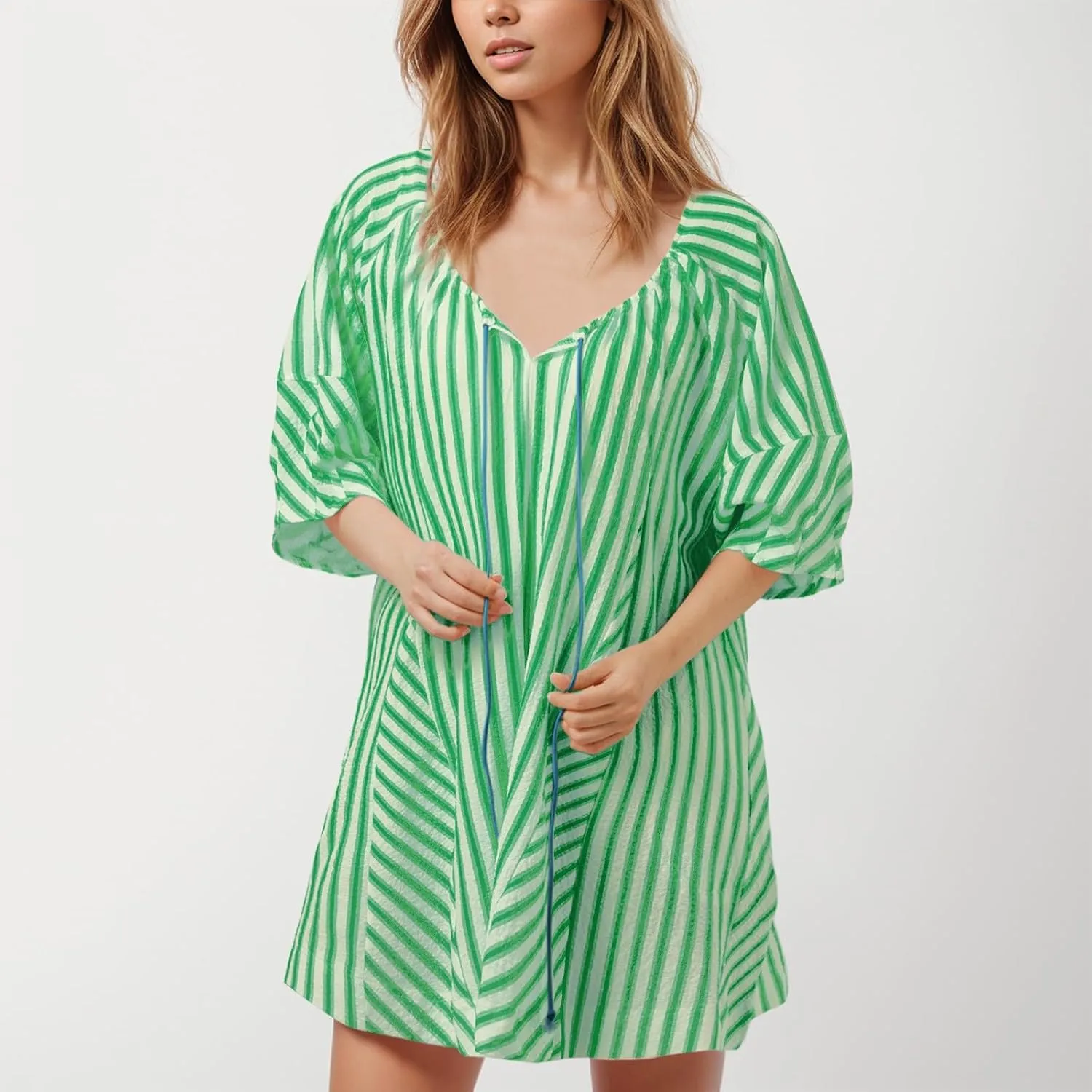 Floral Jumpsuits for Women Summer Rompers Striped Puff Sleeve Mini Shorts Romper Dress V Neck Jumpsuit Front Tie Beach Outfit