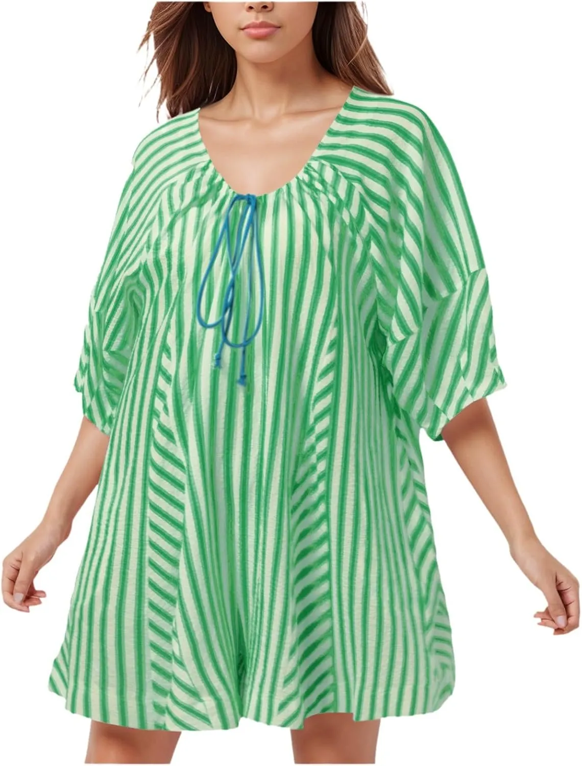 Floral Jumpsuits for Women Summer Rompers Striped Puff Sleeve Mini Shorts Romper Dress V Neck Jumpsuit Front Tie Beach Outfit