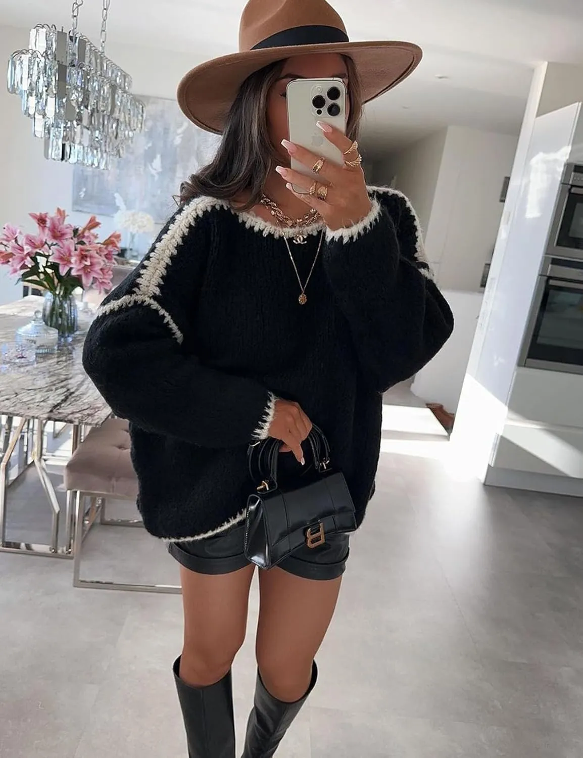 Flygo Oversized Sweaters for Women Long Sleeve Crew Neck Trendy Fall Sweaters Colorblock Chunky Knit Pullover