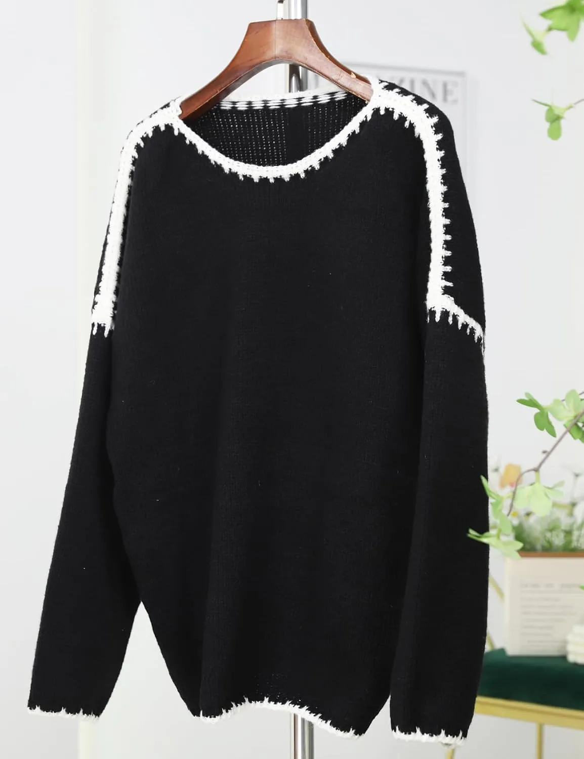 Flygo Oversized Sweaters for Women Long Sleeve Crew Neck Trendy Fall Sweaters Colorblock Chunky Knit Pullover