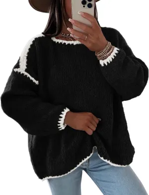 Flygo Oversized Sweaters for Women Long Sleeve Crew Neck Trendy Fall Sweaters Colorblock Chunky Knit Pullover