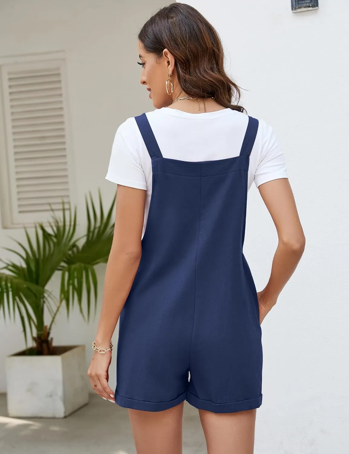 Flygo Women's Short Overalls Summer Casual Cotton Linen Adjustable Bib Shortalls Jumpsuits Romper Shorts with Pockets