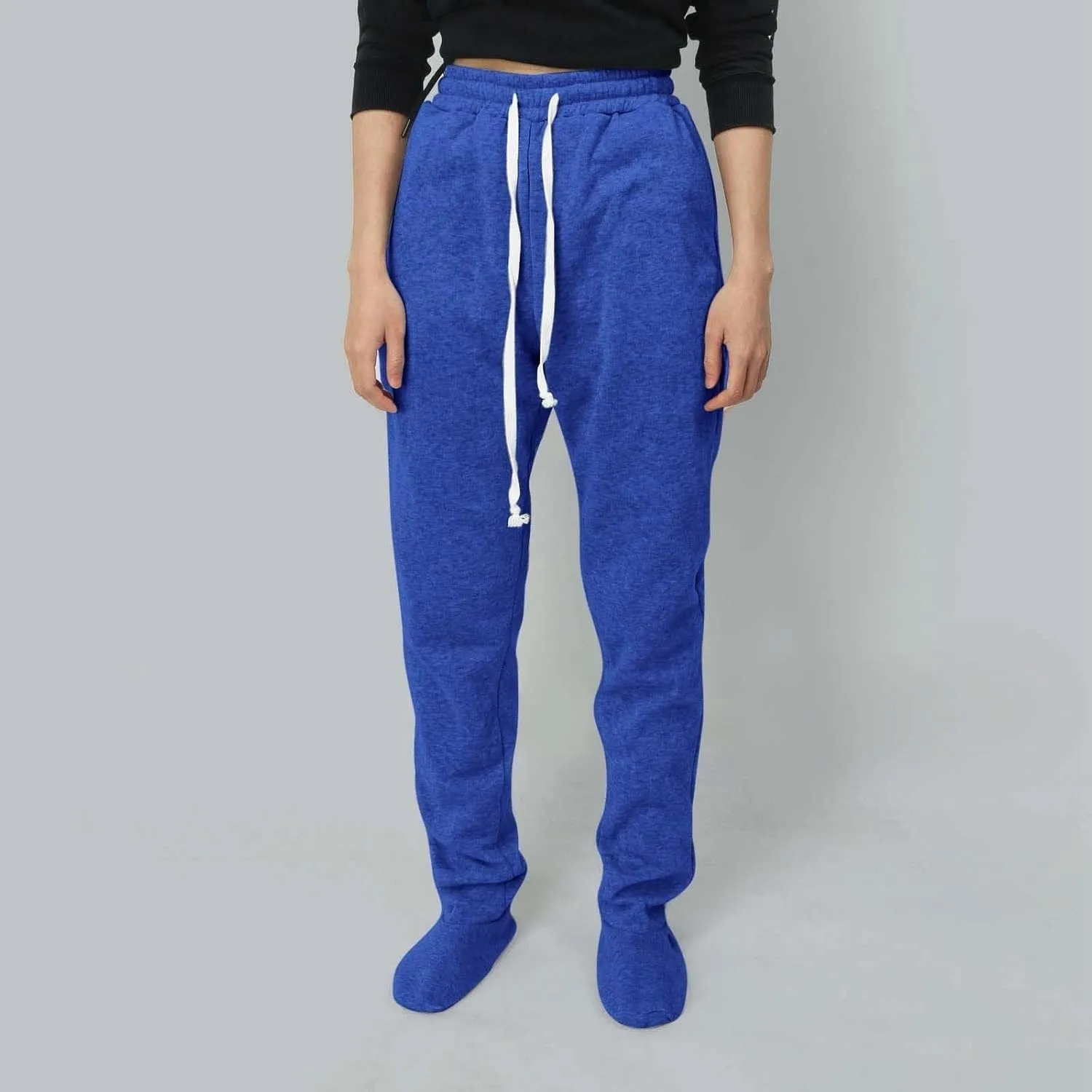 Footed Pajamas For Women Fleece Lined Drawstring Sweatpants With Feet Winter Warm Elastic Waist Sleepwear With Pockets