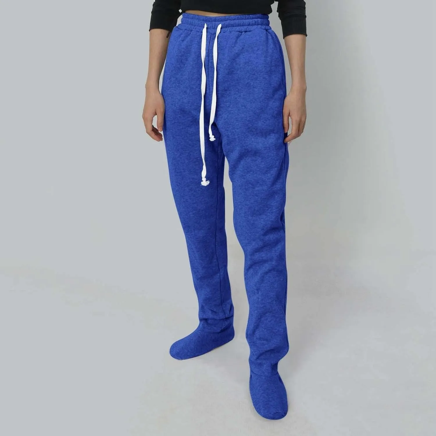 Footed Pajamas For Women Fleece Lined Drawstring Sweatpants With Feet Winter Warm Elastic Waist Sleepwear With Pockets