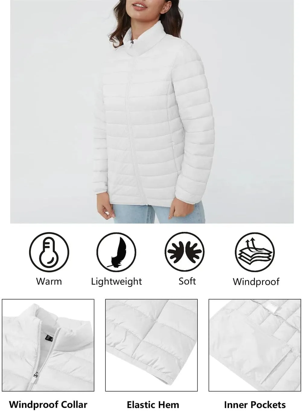 Full Zip Up Puffer Jacket Womens Winter Lightweight Quilted Down Warm Coats Casual White Windbreaker