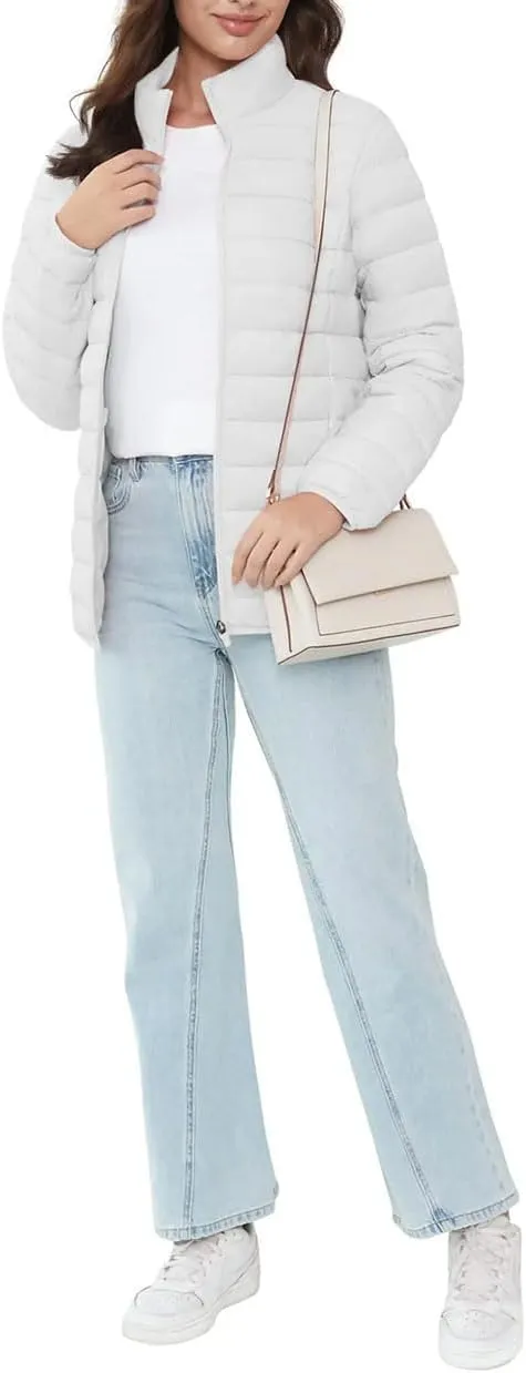 Full Zip Up Puffer Jacket Womens Winter Lightweight Quilted Down Warm Coats Casual White Windbreaker