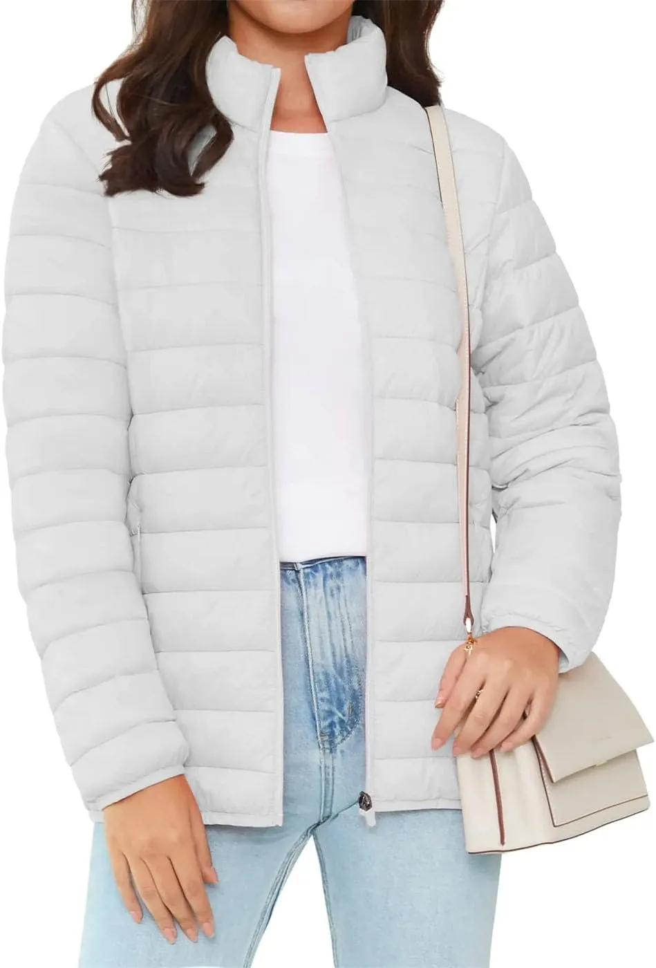 Full Zip Up Puffer Jacket Womens Winter Lightweight Quilted Down Warm Coats Casual White Windbreaker