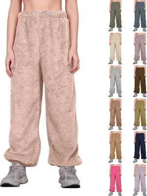 Fuzzy Pajama Pants for Women Plus Size Reversible Comfy Wide Leg Lounge Pants Winter Warm Soft Fluffy Fleece Pajamas