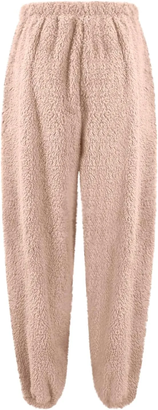 Fuzzy Pajama Pants for Women Plus Size Reversible Comfy Wide Leg Lounge Pants Winter Warm Soft Fluffy Fleece Pajamas