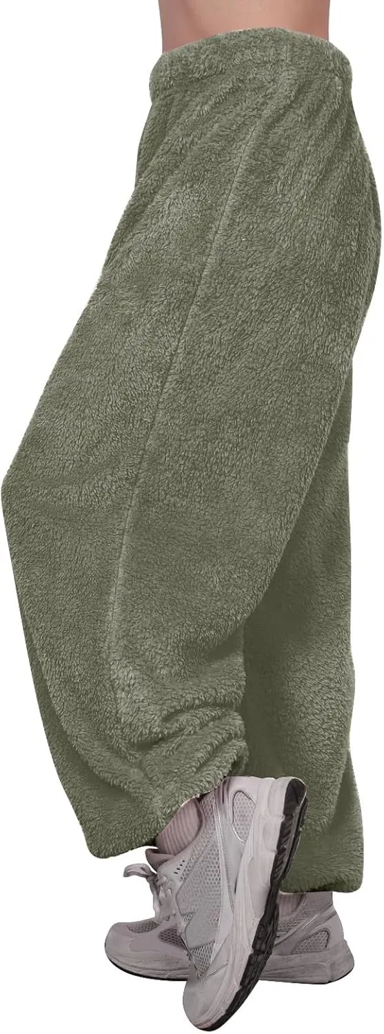 Fuzzy Pajama Pants for Women Plus Size Reversible Comfy Wide Leg Lounge Pants Winter Warm Soft Fluffy Fleece Pajamas