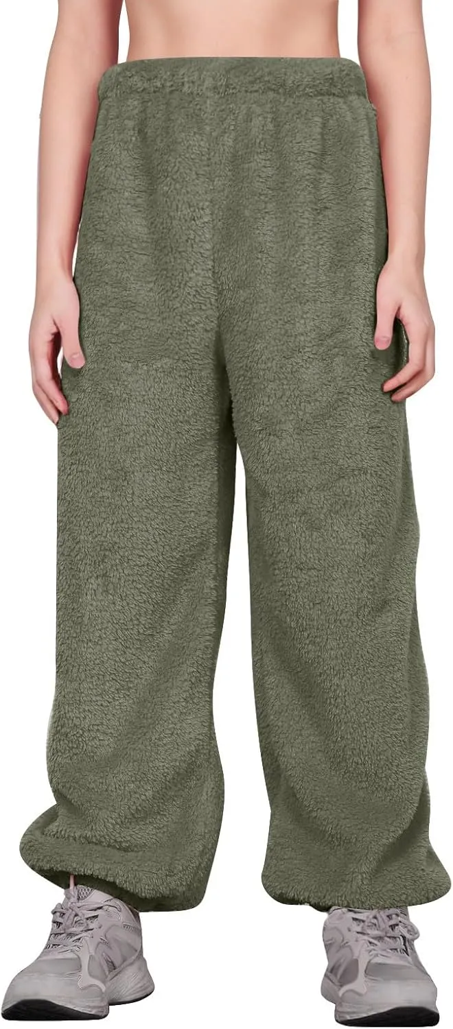 Fuzzy Pajama Pants for Women Plus Size Reversible Comfy Wide Leg Lounge Pants Winter Warm Soft Fluffy Fleece Pajamas