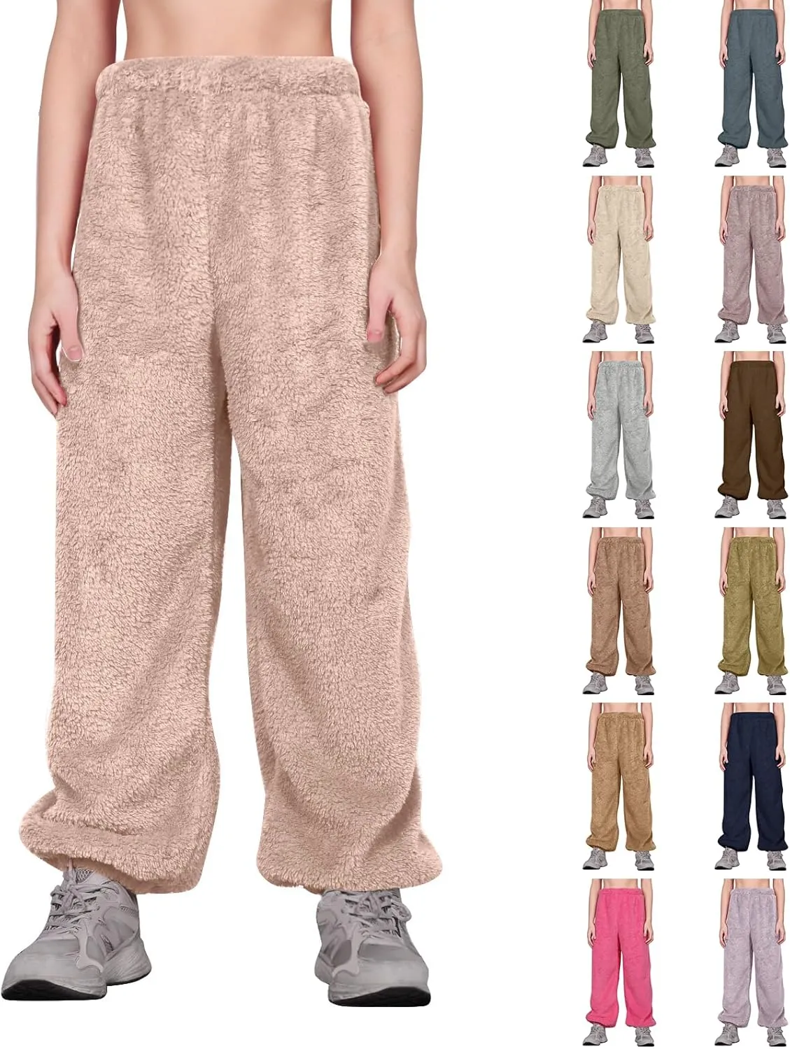 Fuzzy Pajama Pants for Women Plus Size Reversible Comfy Wide Leg Lounge Pants Winter Warm Soft Fluffy Fleece Pajamas