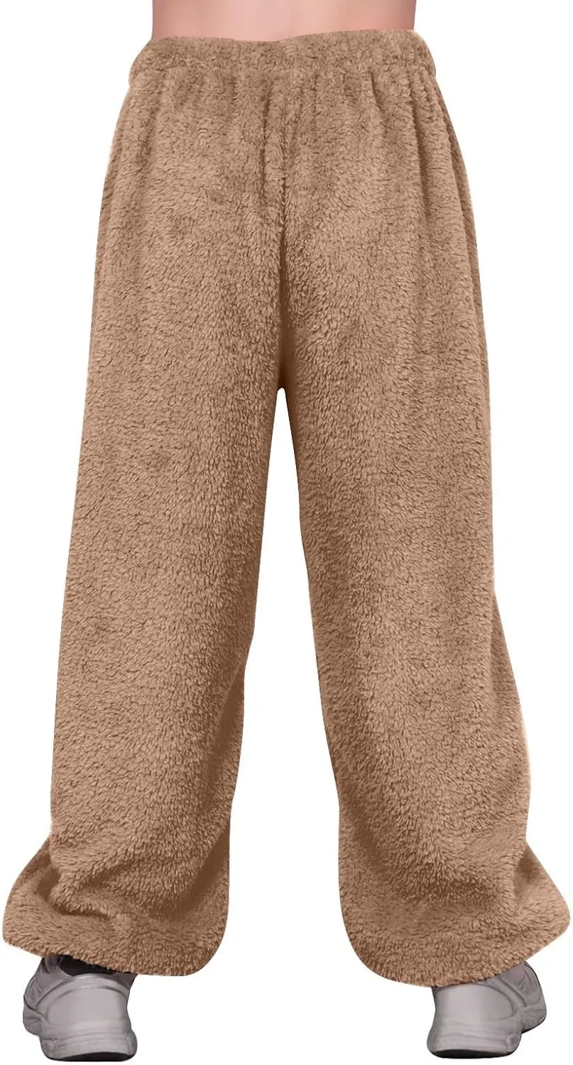 Fuzzy Pajama Pants for Women Plus Size Reversible Comfy Wide Leg Lounge Pants Winter Warm Soft Fluffy Fleece Pajamas
