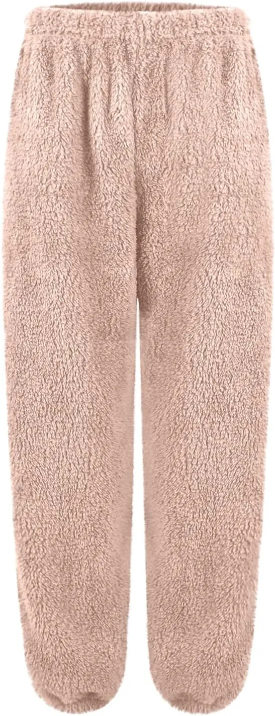Fuzzy Pajama Pants for Women Plus Size Reversible Comfy Wide Leg Lounge Pants Winter Warm Soft Fluffy Fleece Pajamas