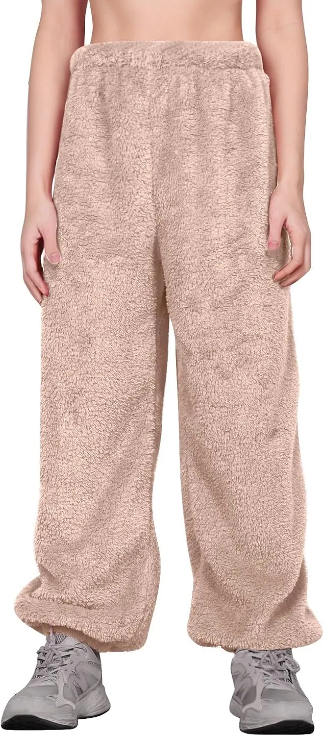 Fuzzy Pajama Pants for Women Plus Size Reversible Comfy Wide Leg Lounge Pants Winter Warm Soft Fluffy Fleece Pajamas