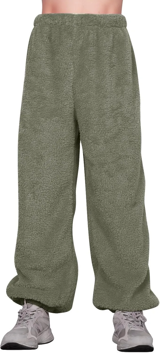 Fuzzy Pajama Pants for Women Plus Size Reversible Comfy Wide Leg Lounge Pants Winter Warm Soft Fluffy Fleece Pajamas