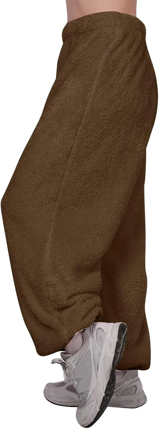 Fuzzy Pajama Pants for Women Plus Size Reversible Comfy Wide Leg Lounge Pants Winter Warm Soft Fluffy Fleece Pajamas