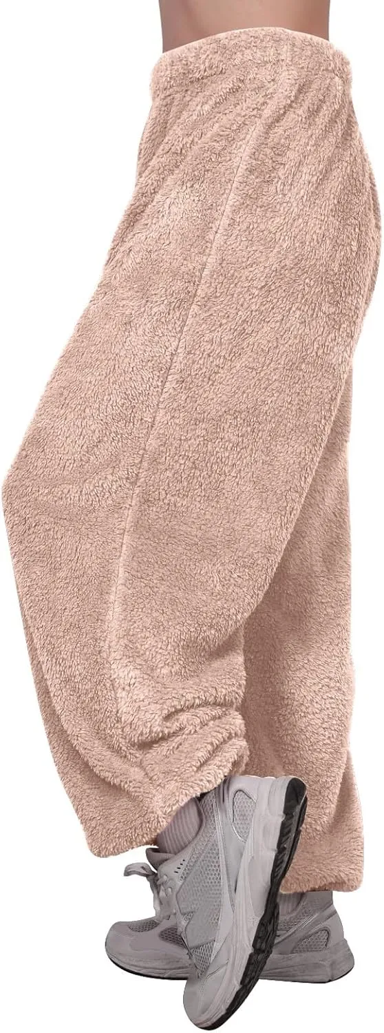 Fuzzy Pajama Pants for Women Plus Size Reversible Comfy Wide Leg Lounge Pants Winter Warm Soft Fluffy Fleece Pajamas