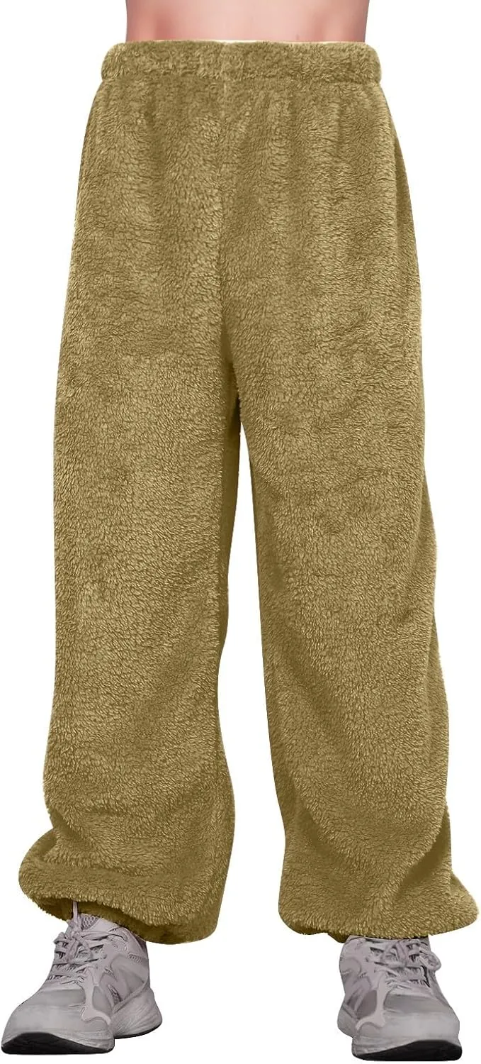 Fuzzy Pajama Pants for Women Plus Size Reversible Comfy Wide Leg Lounge Pants Winter Warm Soft Fluffy Fleece Pajamas