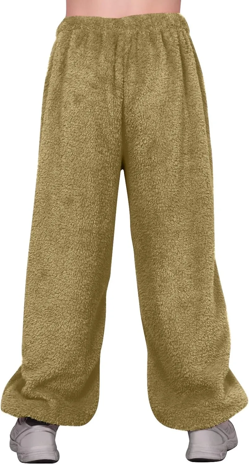 Fuzzy Pajama Pants for Women Plus Size Reversible Comfy Wide Leg Lounge Pants Winter Warm Soft Fluffy Fleece Pajamas