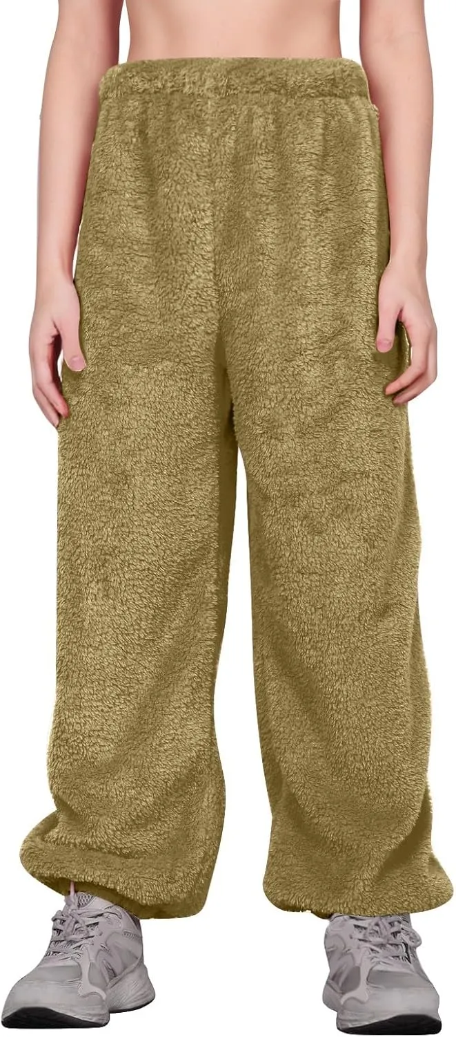 Fuzzy Pajama Pants for Women Plus Size Reversible Comfy Wide Leg Lounge Pants Winter Warm Soft Fluffy Fleece Pajamas