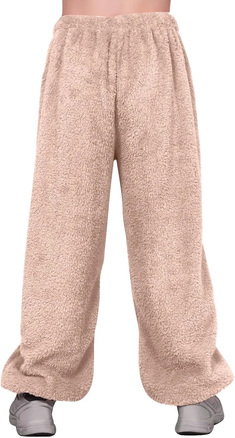 Fuzzy Pajama Pants for Women Plus Size Reversible Comfy Wide Leg Lounge Pants Winter Warm Soft Fluffy Fleece Pajamas