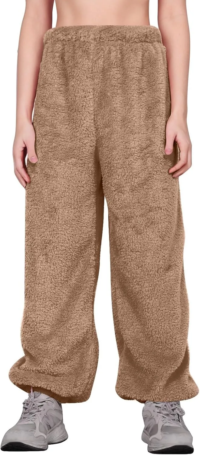 Fuzzy Pajama Pants for Women Plus Size Reversible Comfy Wide Leg Lounge Pants Winter Warm Soft Fluffy Fleece Pajamas
