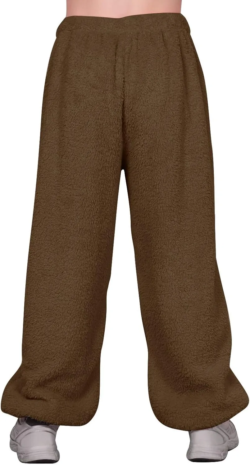 Fuzzy Pajama Pants for Women Plus Size Reversible Comfy Wide Leg Lounge Pants Winter Warm Soft Fluffy Fleece Pajamas
