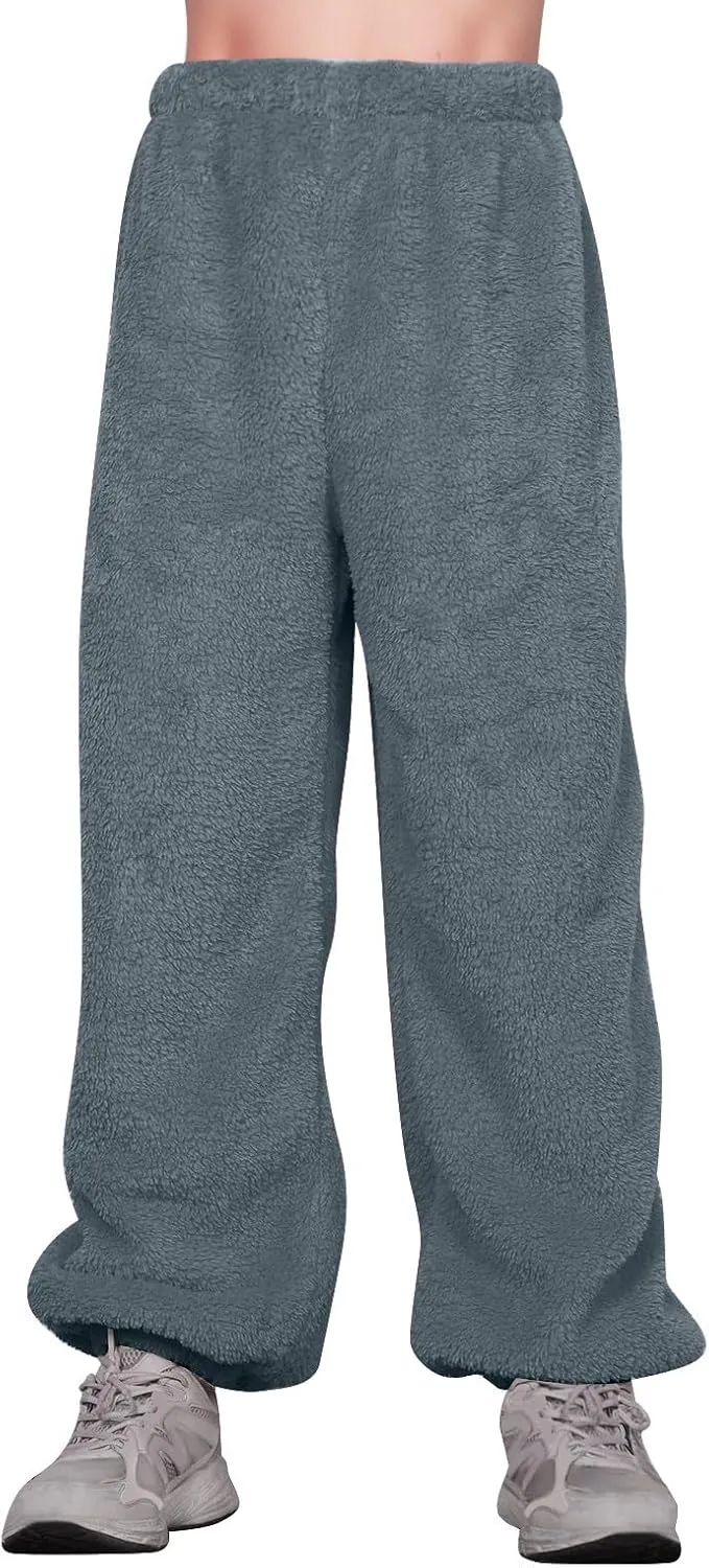 Fuzzy Pajama Pants for Women Plus Size Reversible Comfy Wide Leg Lounge Pants Winter Warm Soft Fluffy Fleece Pajamas