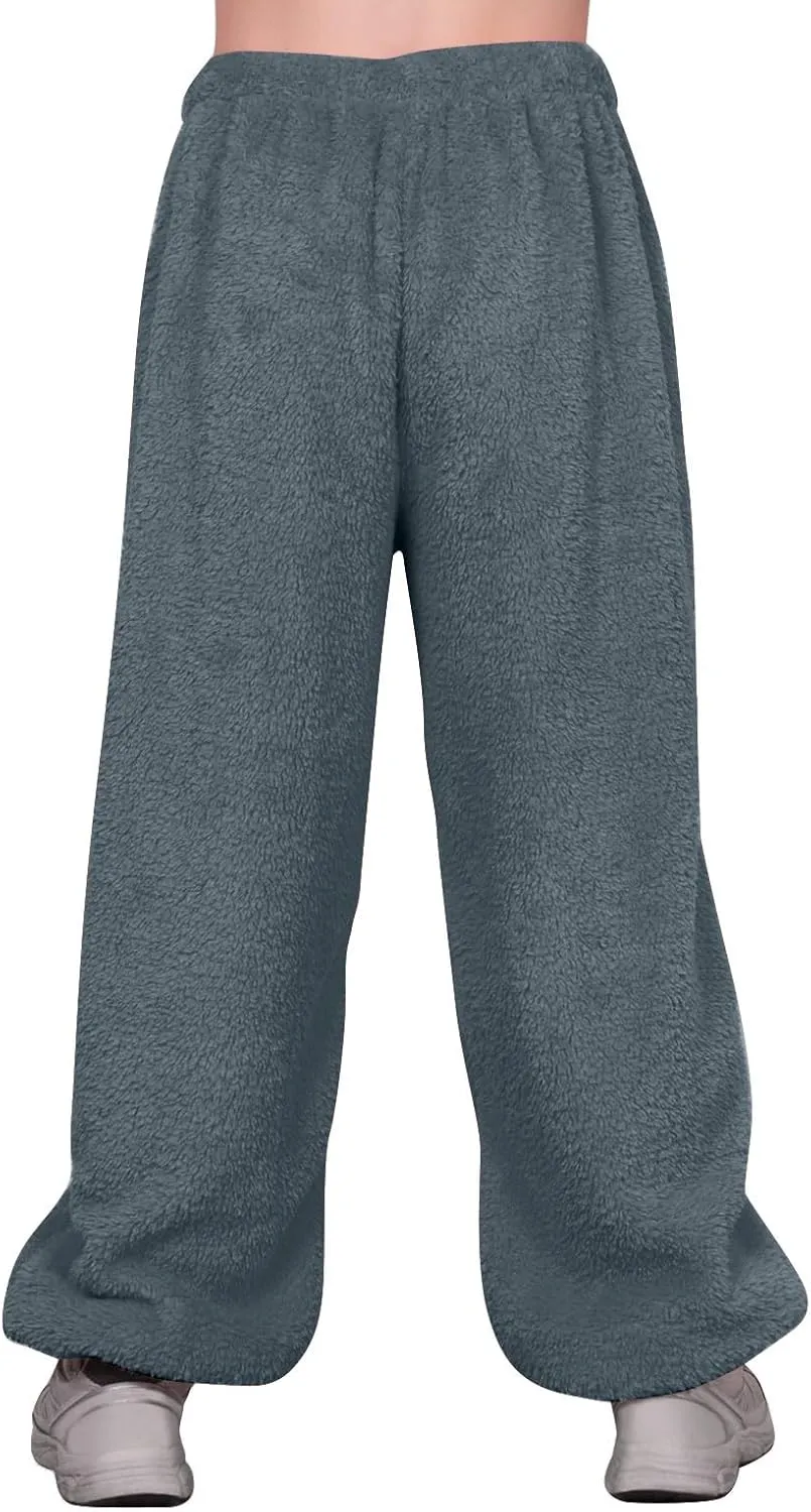 Fuzzy Pajama Pants for Women Plus Size Reversible Comfy Wide Leg Lounge Pants Winter Warm Soft Fluffy Fleece Pajamas
