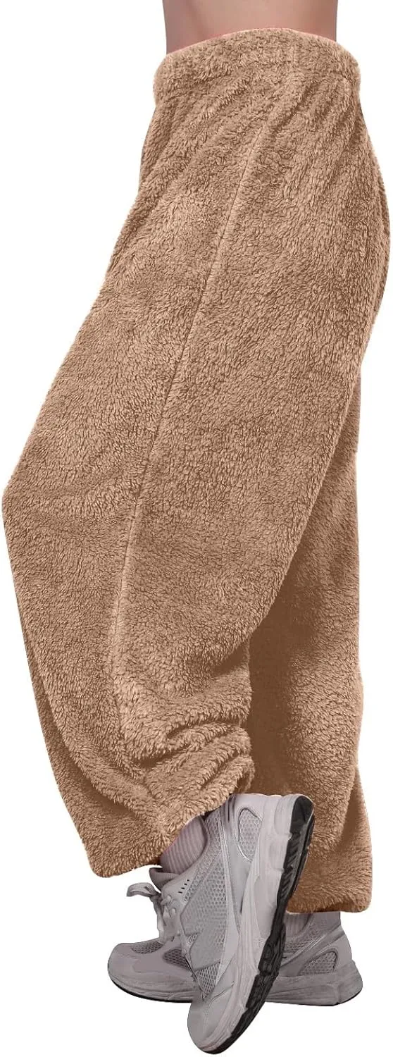 Fuzzy Pajama Pants for Women Plus Size Reversible Comfy Wide Leg Lounge Pants Winter Warm Soft Fluffy Fleece Pajamas