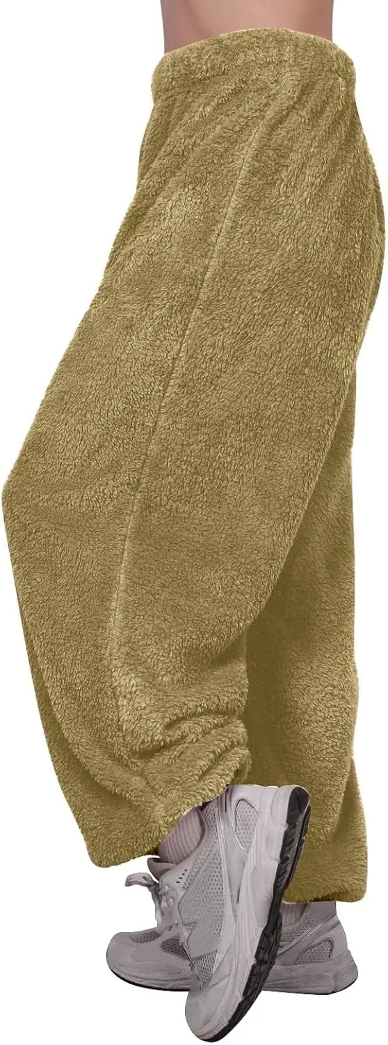 Fuzzy Pajama Pants for Women Plus Size Reversible Comfy Wide Leg Lounge Pants Winter Warm Soft Fluffy Fleece Pajamas
