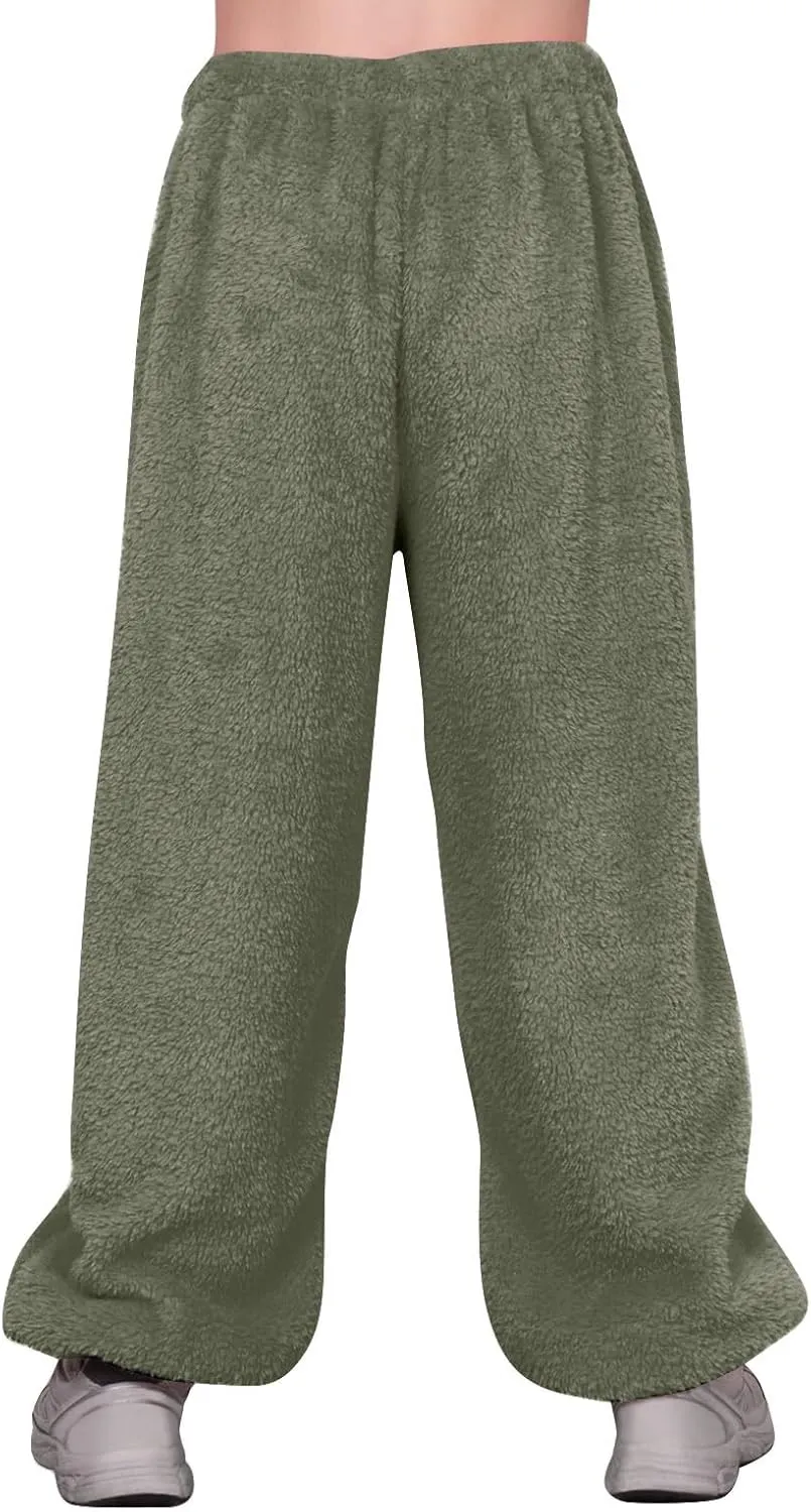 Fuzzy Pajama Pants for Women Plus Size Reversible Comfy Wide Leg Lounge Pants Winter Warm Soft Fluffy Fleece Pajamas