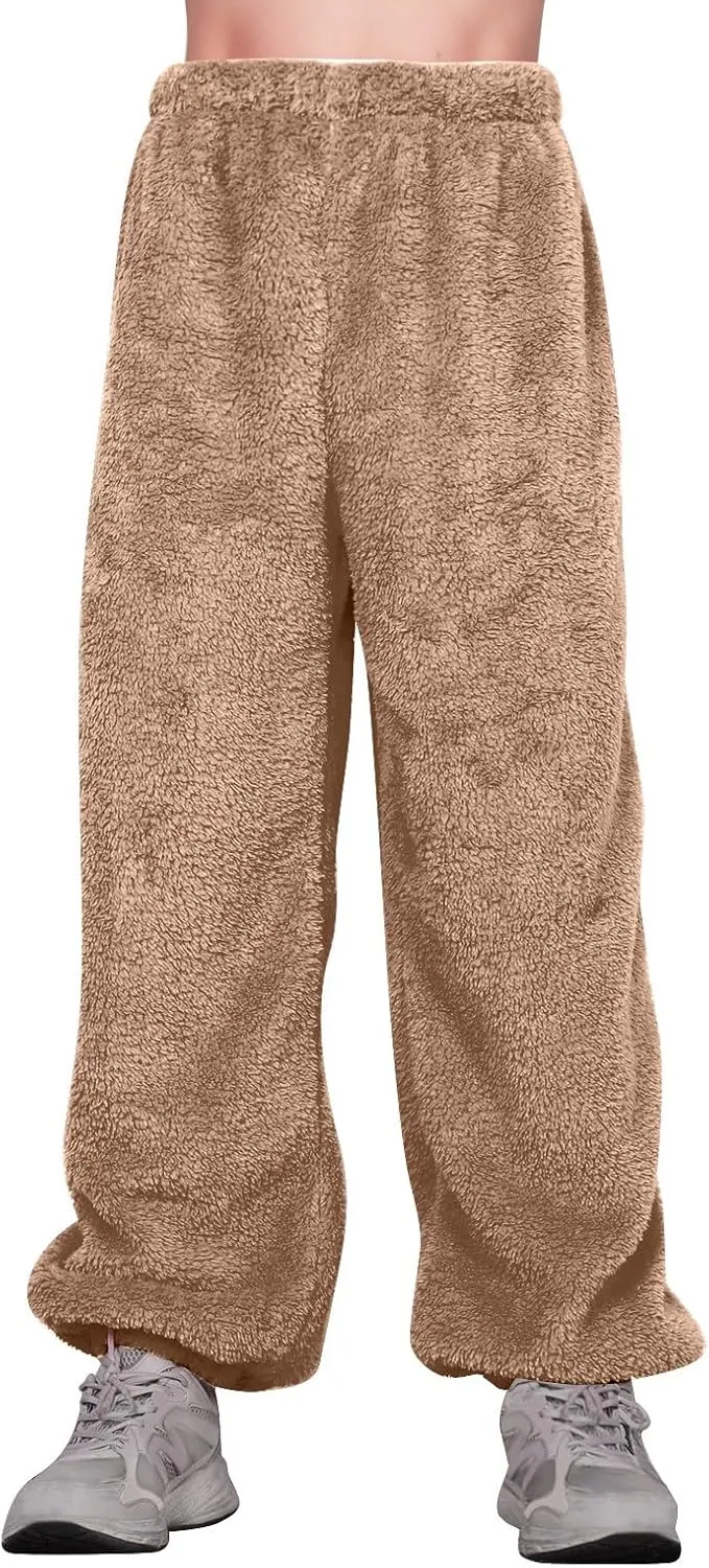 Fuzzy Pajama Pants for Women Plus Size Reversible Comfy Wide Leg Lounge Pants Winter Warm Soft Fluffy Fleece Pajamas