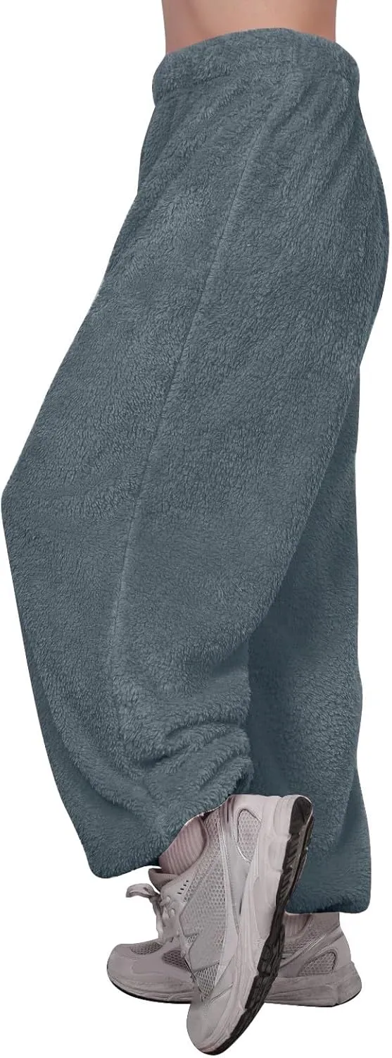 Fuzzy Pajama Pants for Women Plus Size Reversible Comfy Wide Leg Lounge Pants Winter Warm Soft Fluffy Fleece Pajamas