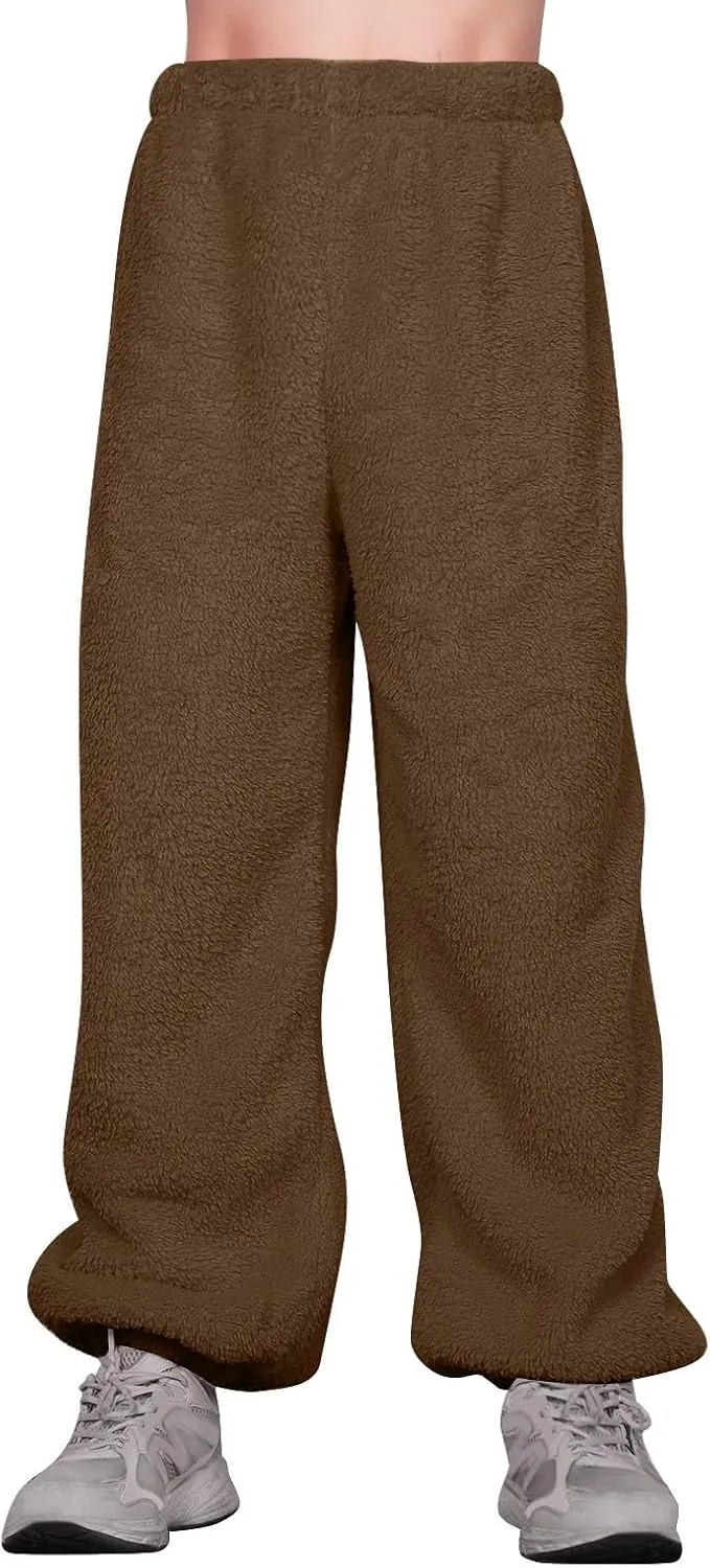 Fuzzy Pajama Pants for Women Plus Size Reversible Comfy Wide Leg Lounge Pants Winter Warm Soft Fluffy Fleece Pajamas