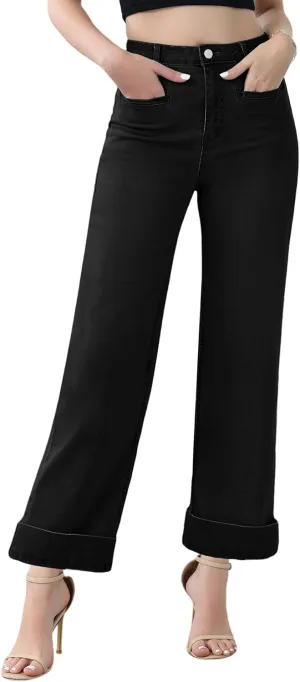 Genleck Ankle Wide Leg Jeans for Women High Waisted Boyfriend Stretchy Straight Trousers Pants with Pockets Trendy