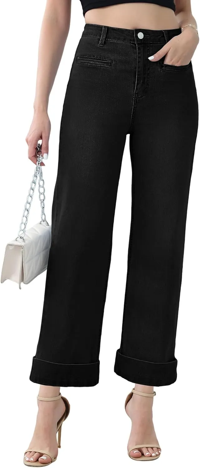 Genleck Ankle Wide Leg Jeans for Women High Waisted Boyfriend Stretchy Straight Trousers Pants with Pockets Trendy