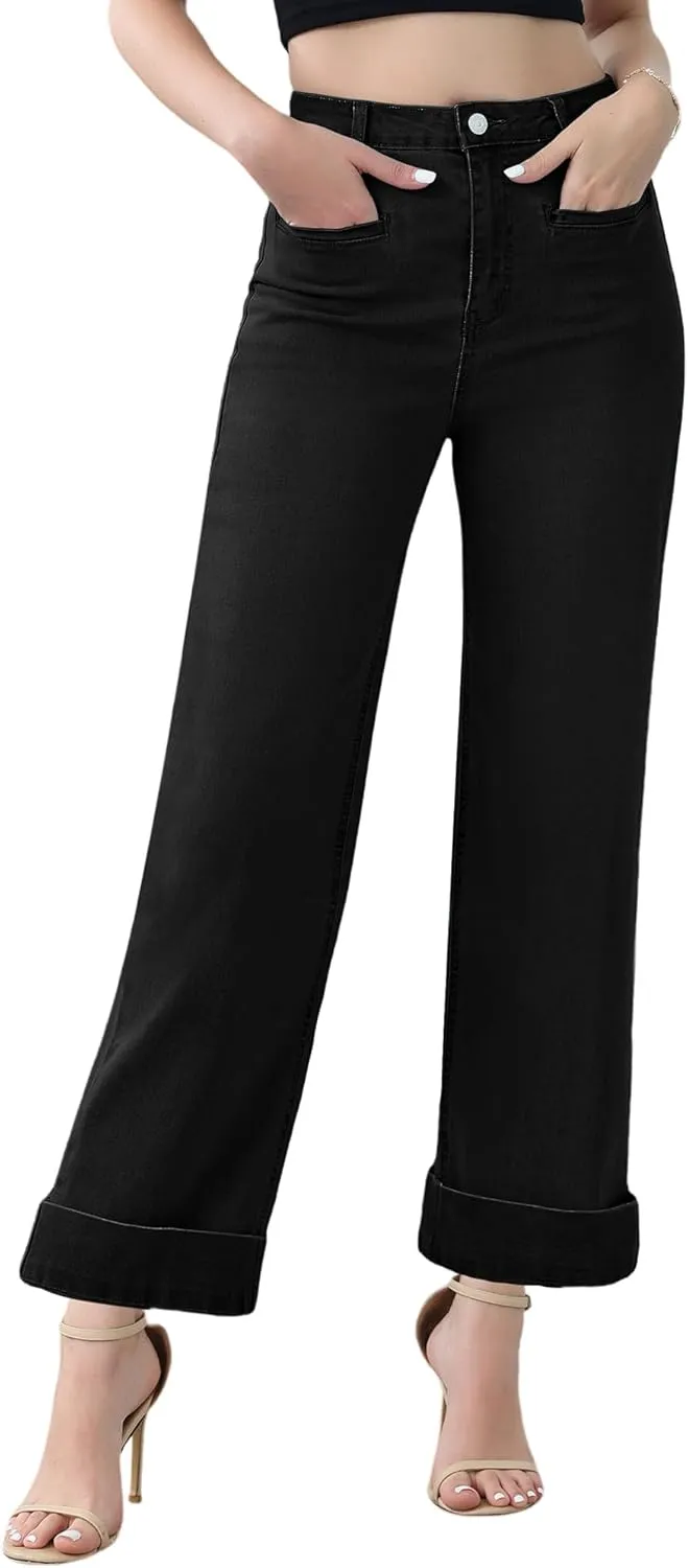 Genleck Ankle Wide Leg Jeans for Women High Waisted Boyfriend Stretchy Straight Trousers Pants with Pockets Trendy
