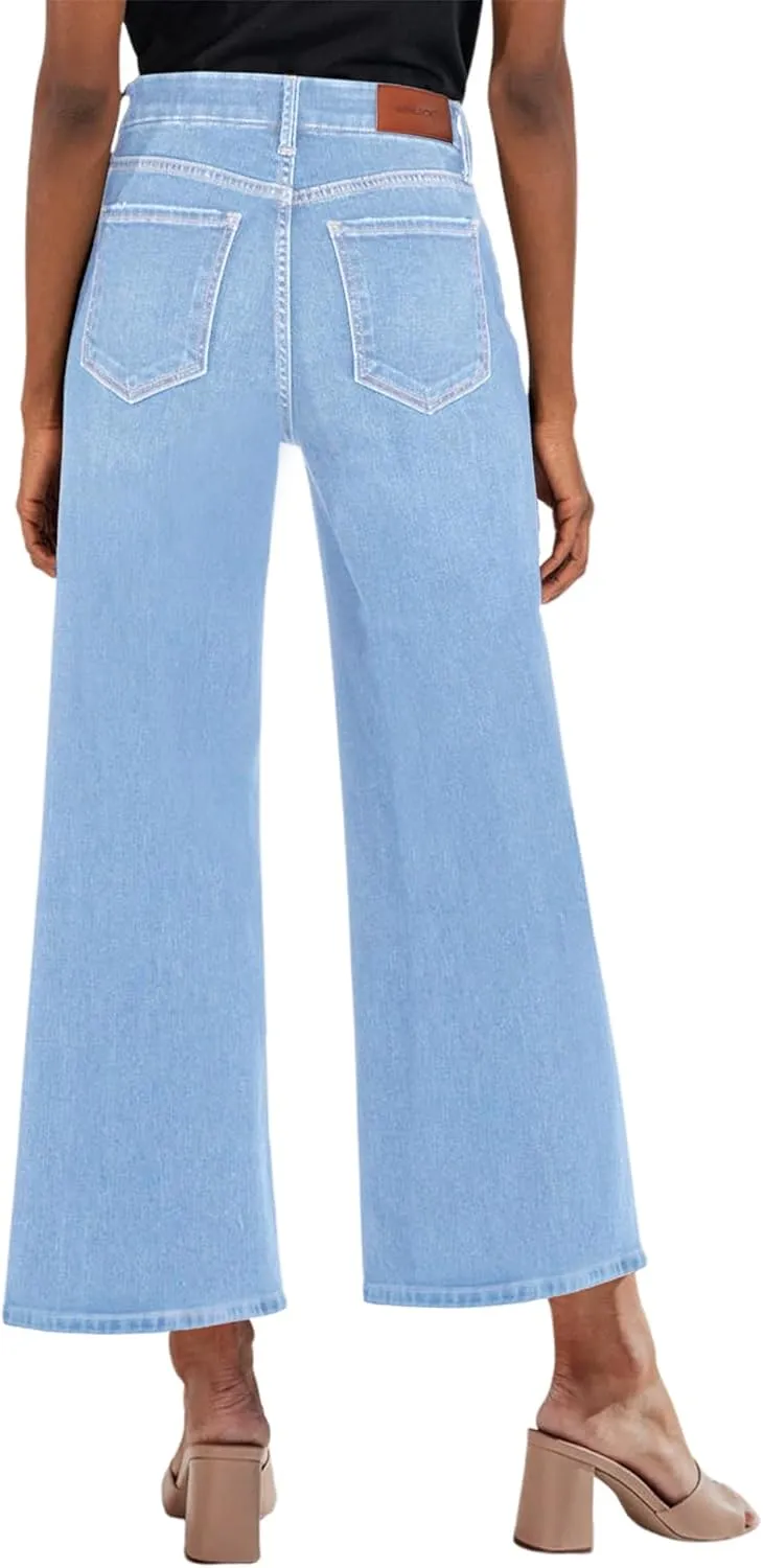 Genleck Women's Wide Leg Jeans – Trendy Cropped Loose Jeans High Waisted Stretchy Capri Denim Pants Baggy Trousers 2024