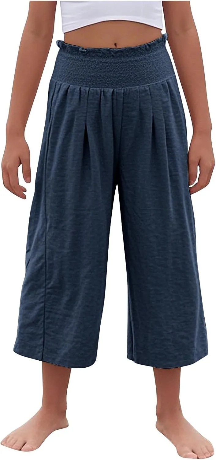 Girls Capri Pants Summer Cotton Linen Wide Leg Palazzo Pants Kids High Waisted Casual Yoga Athletic Cropped Trousers