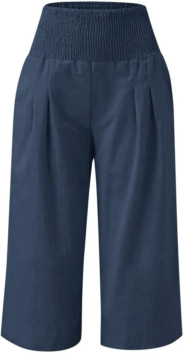 Girls Capri Pants Summer Cotton Linen Wide Leg Palazzo Pants Kids High Waisted Casual Yoga Athletic Cropped Trousers