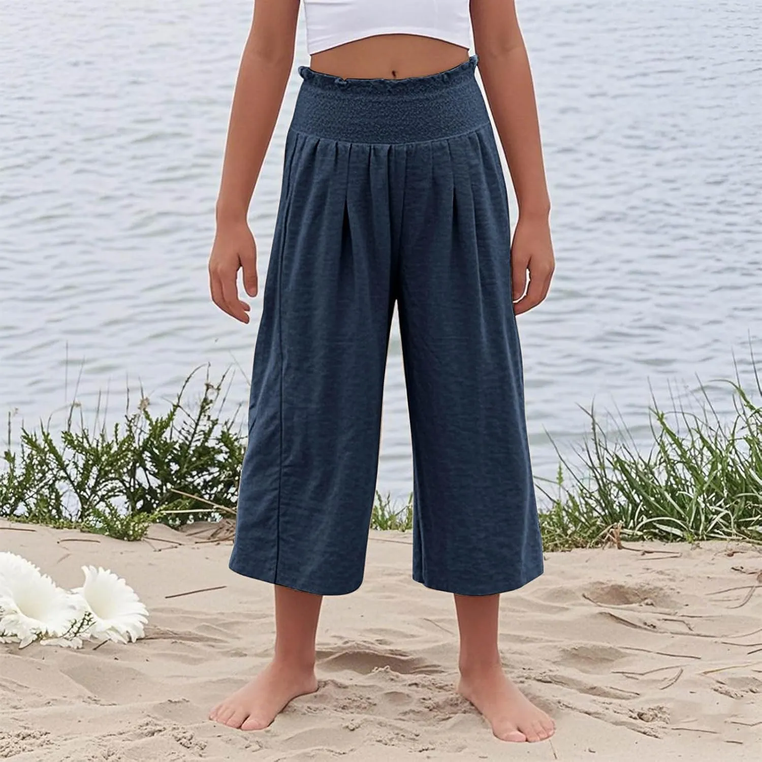 Girls Capri Pants Summer Cotton Linen Wide Leg Palazzo Pants Kids High Waisted Casual Yoga Athletic Cropped Trousers