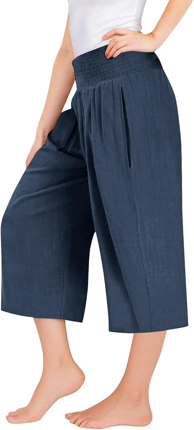 Girls Capri Pants Summer Cotton Linen Wide Leg Palazzo Pants Kids High Waisted Casual Yoga Athletic Cropped Trousers
