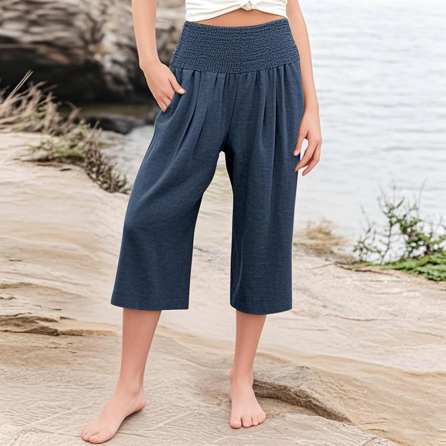 Girls Capri Pants Summer Cotton Linen Wide Leg Palazzo Pants Kids High Waisted Casual Yoga Athletic Cropped Trousers