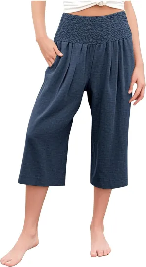 Girls Capri Pants Summer Cotton Linen Wide Leg Palazzo Pants Kids High Waisted Casual Yoga Athletic Cropped Trousers