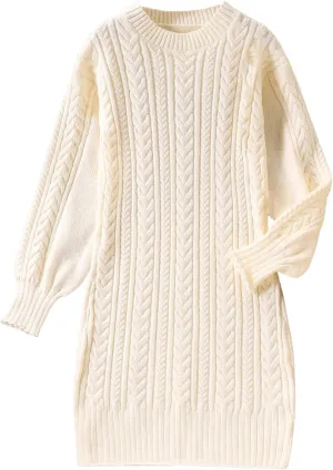 GORGLITTER Girl's Crewneck Long Sleeve Sweater Dress Drop Shoulder Cable Knit Midi Dresses