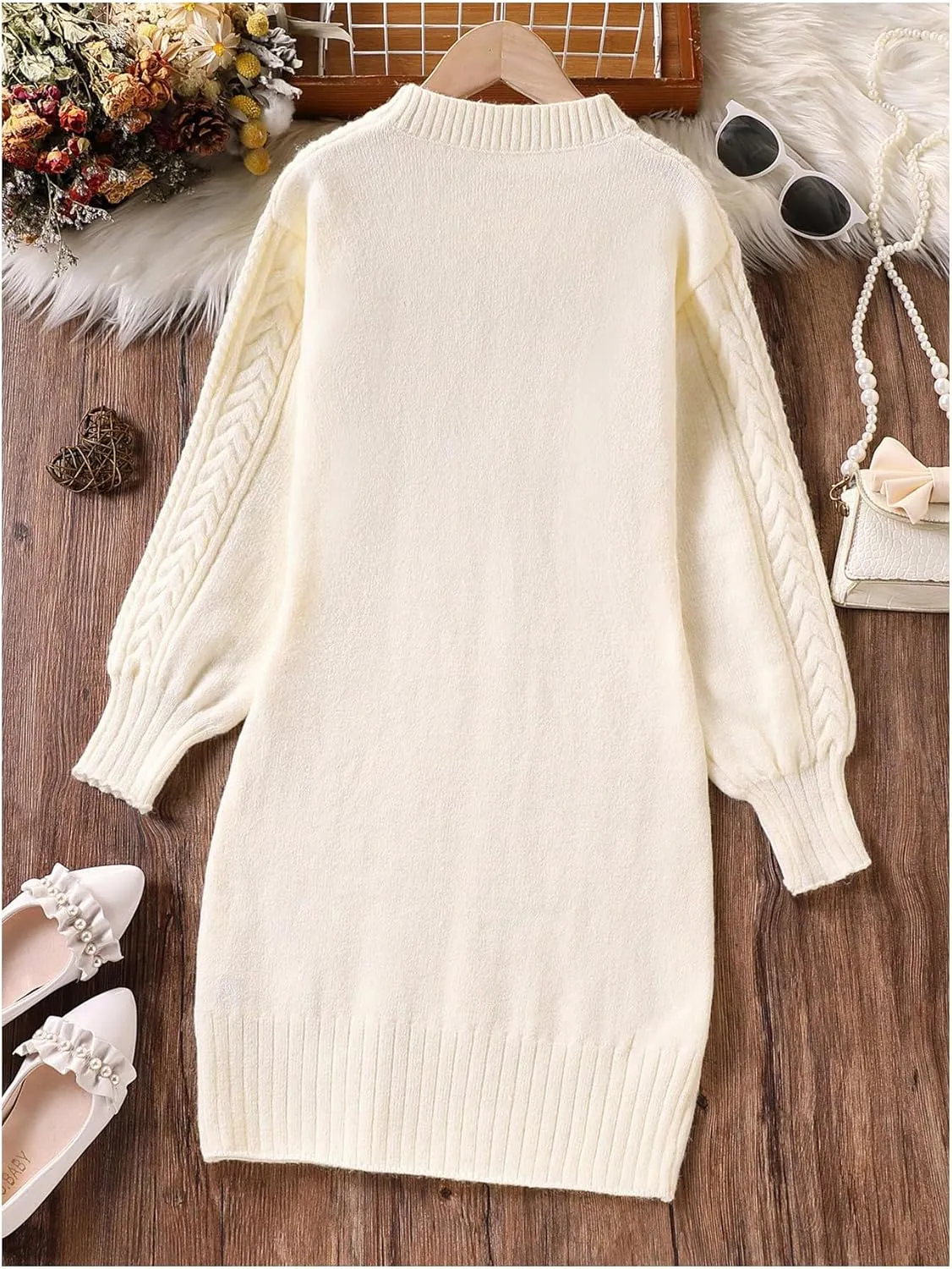 GORGLITTER Girl's Crewneck Long Sleeve Sweater Dress Drop Shoulder Cable Knit Midi Dresses