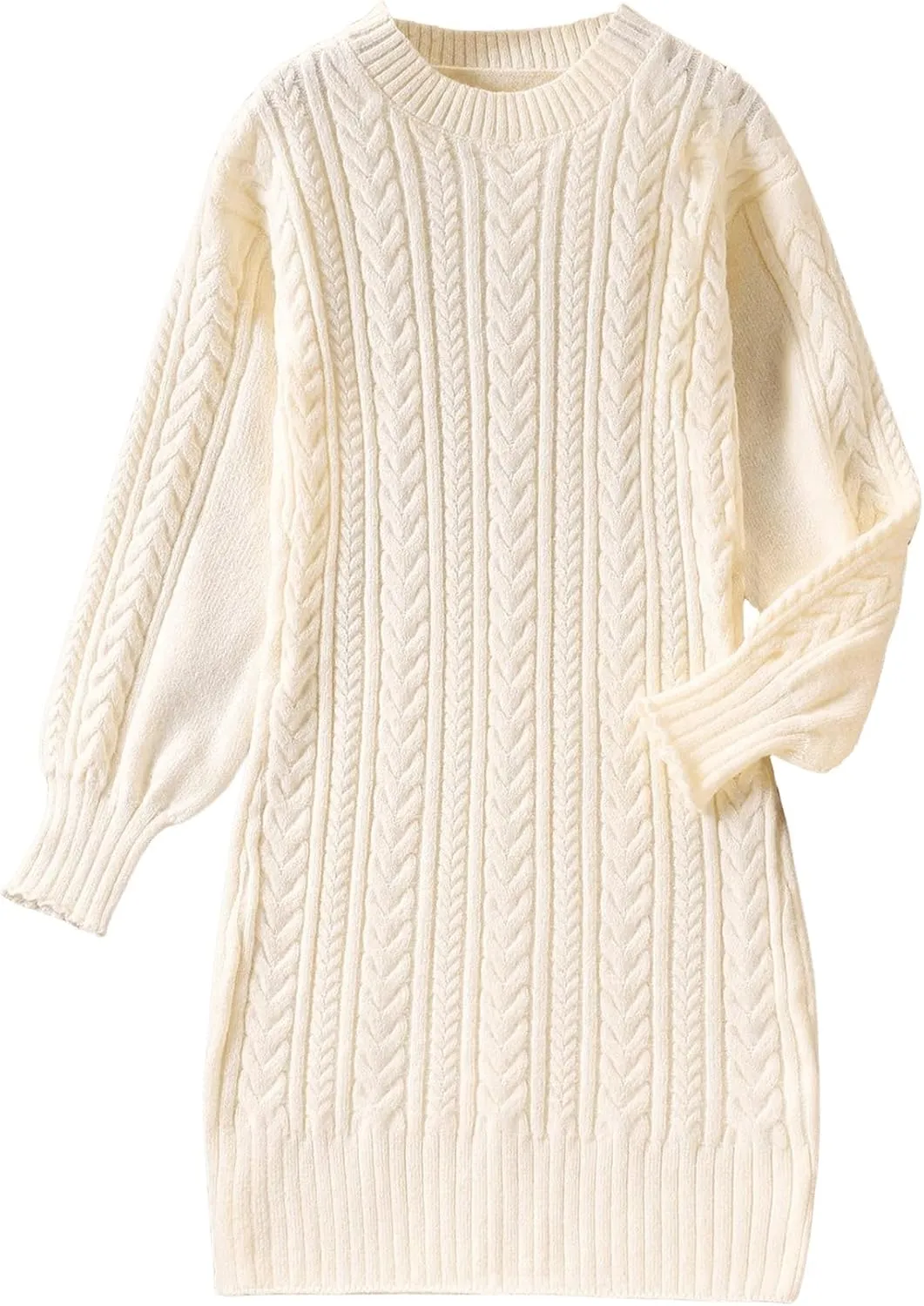GORGLITTER Girl's Crewneck Long Sleeve Sweater Dress Drop Shoulder Cable Knit Midi Dresses